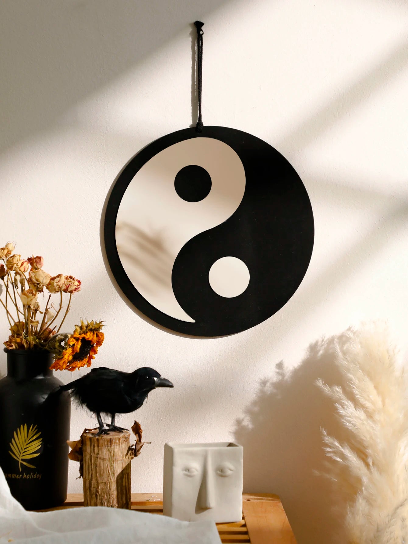 Wooden Mirror Home Decor Boho Wall Mirrors for Living Room Bedroom Tai Chi Yin Yang Wood Mirrors Room House Feng Shui Decoration