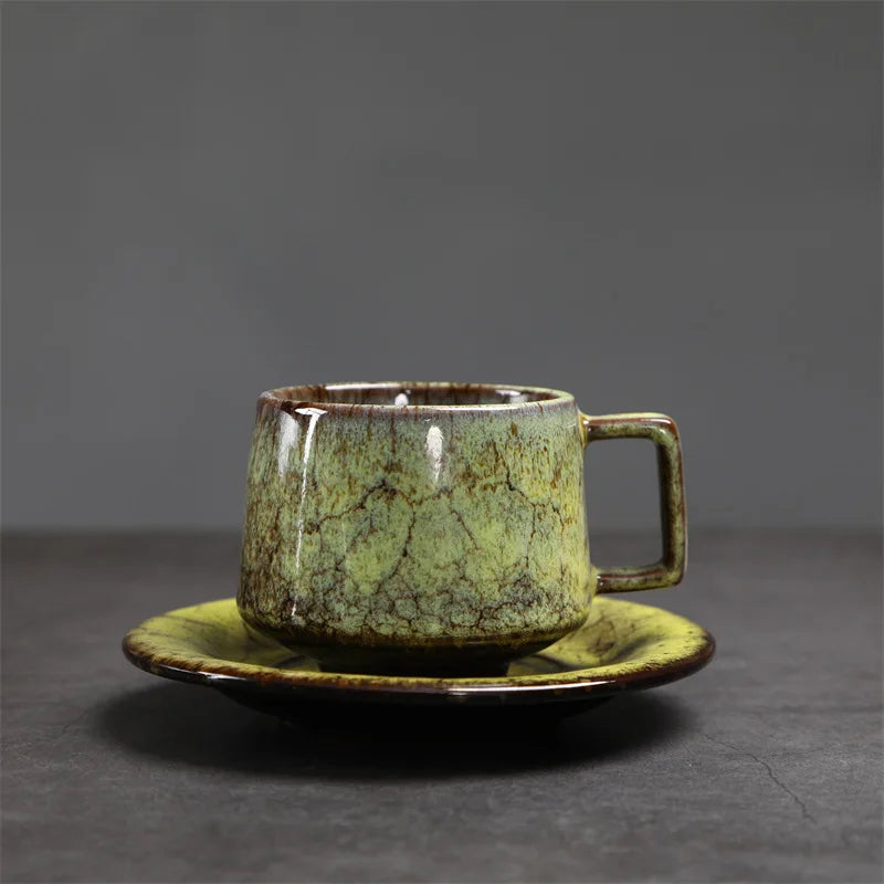 180ML Japanese Espresso Cup and Dish Kiln Transformed Ceramic Cup Retro Coarse Ceramic Mug Living Room Decoration