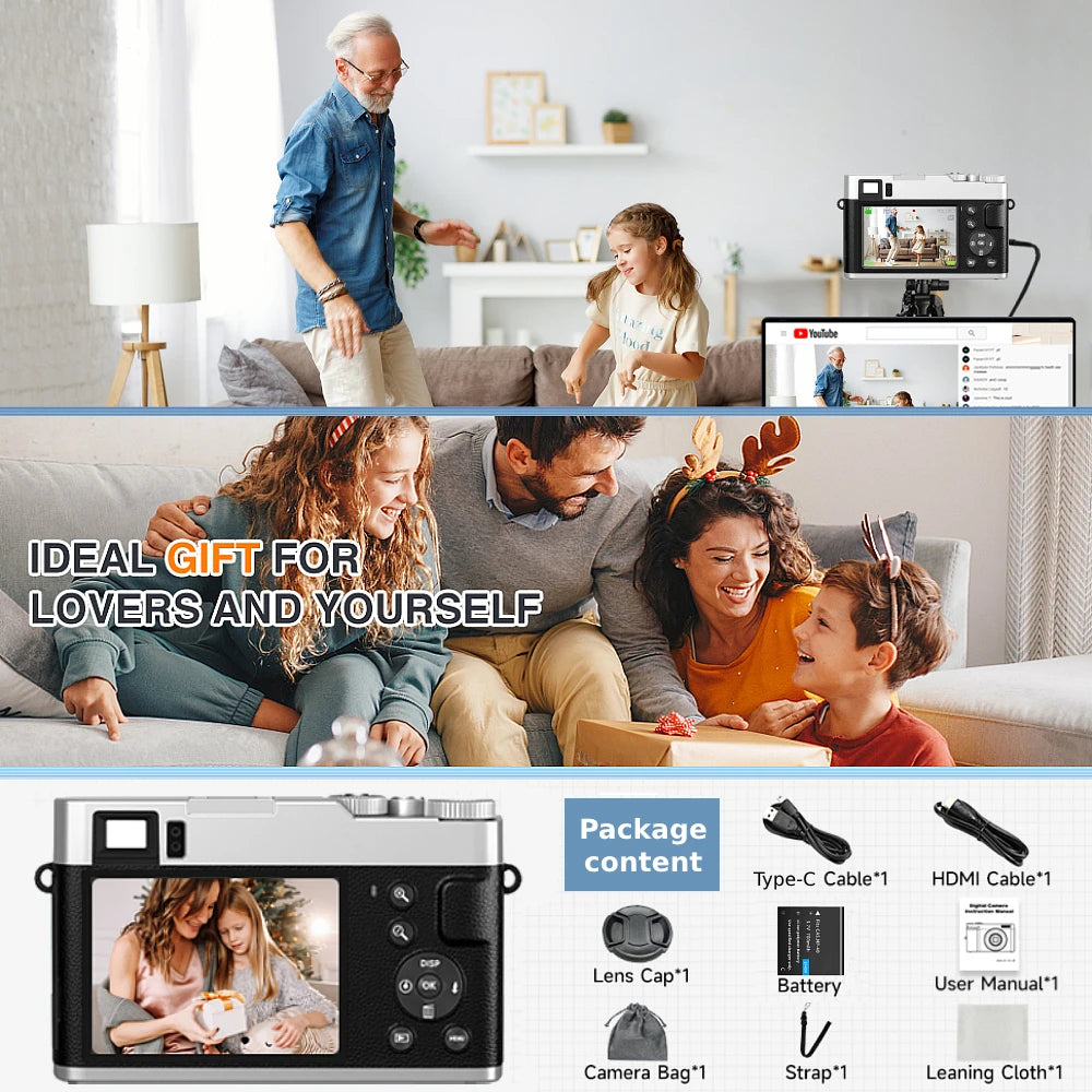 4K Digital Camera Auto Focus 48MP Vlogging Camera for YouTube and Anti-Shake Video Camera with Viewfinder Flash & Dial 16X Zoom