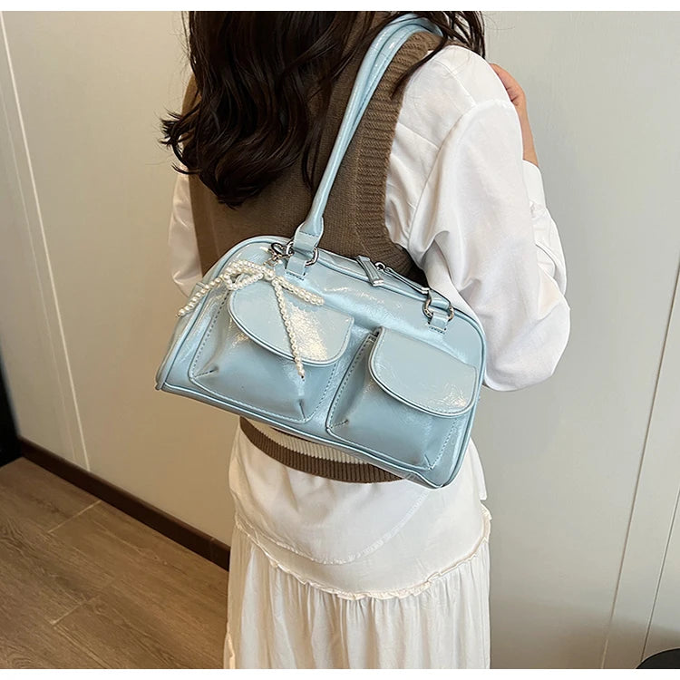 Solid Sewing Thread Fashion Glossy PU Shoulder Bags Baguette Versatile Hand Bags 2025 Hot Sale Bags for Women Bolsas Femininas