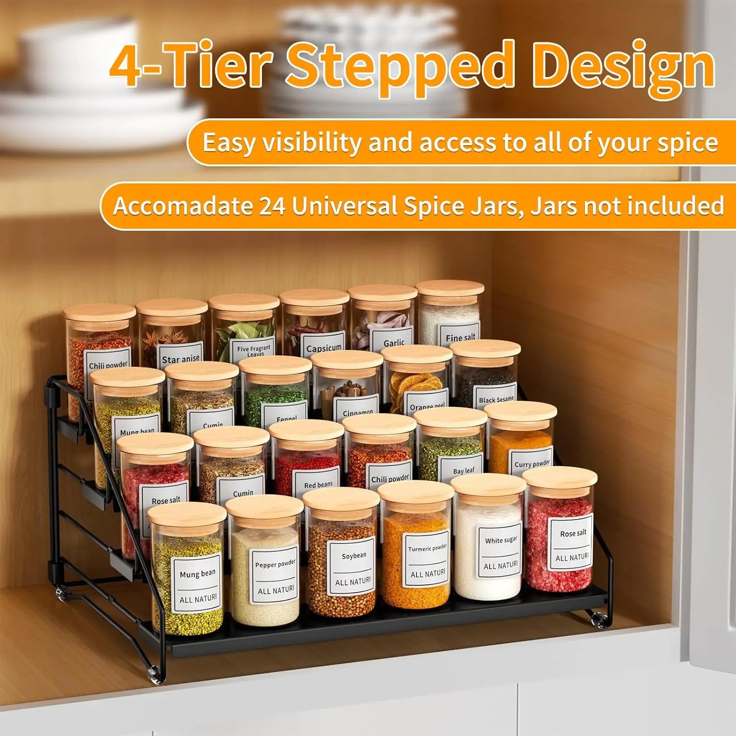 4 Tier Spice Rack Countertop Kitchen Countertop Space-Saving for Cabinet Herb Jars Storage Holder Wall Mounted Tierd Seasoning