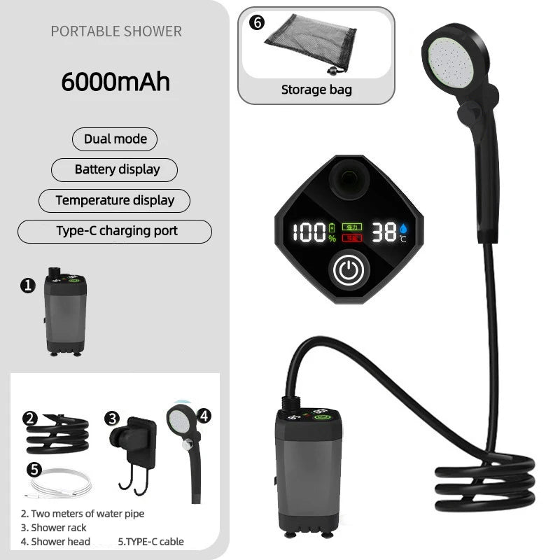 Portable camping shower equipment, 6000mAh rechargeable, LED display screen, outdoor simple electric mobile shower set