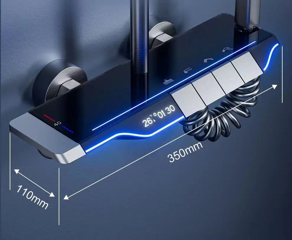 Luxury Wall Mounted Smart Button Digital Display Shower Set Thermostat System Glass Countertop Bathroom Brass Rain Shower Set