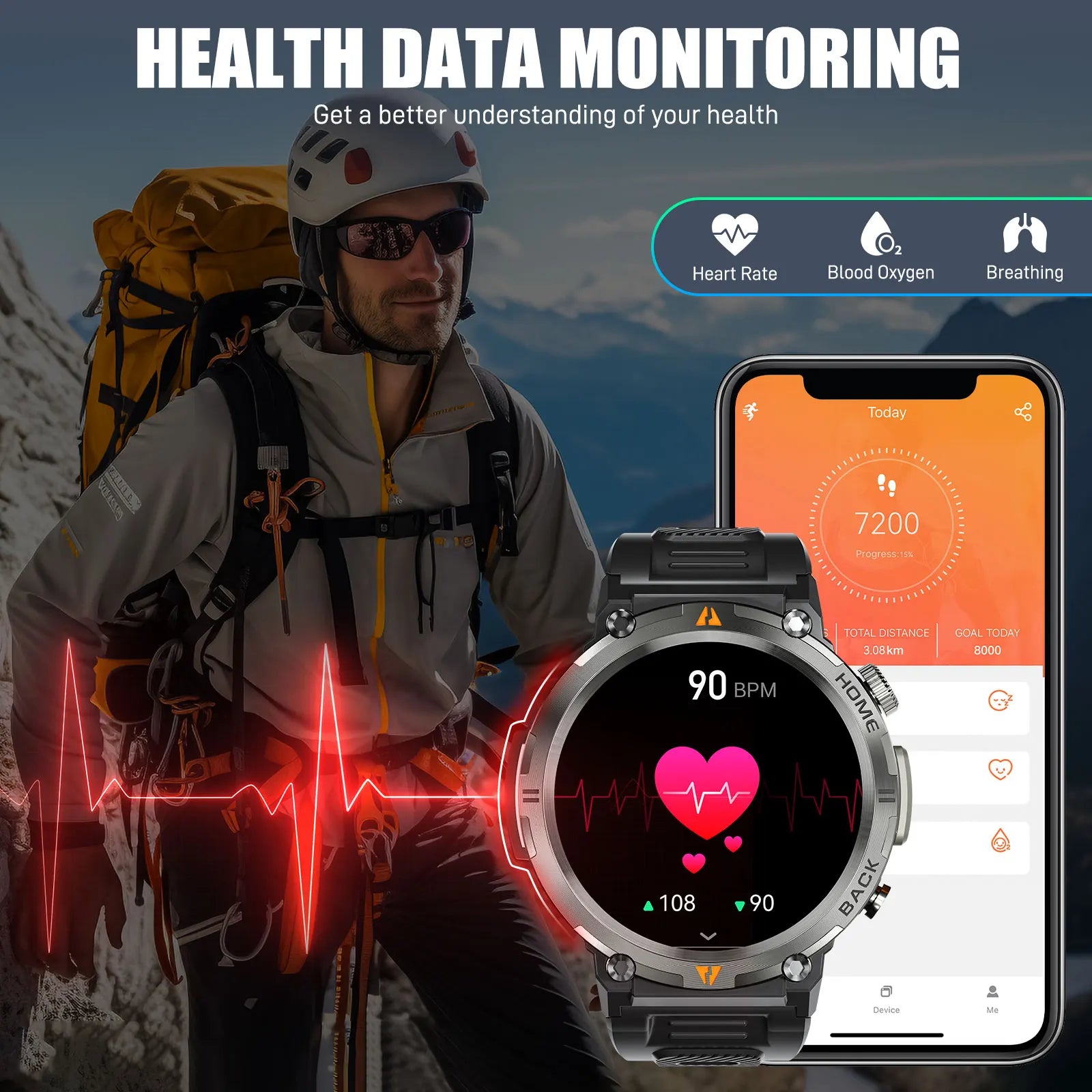 EIGIIS KE3 Smart Watch 3ATM Waterproof Original Design For Men Bluetooth Call Health Monitor With Flashlight 100+ Sports Modes