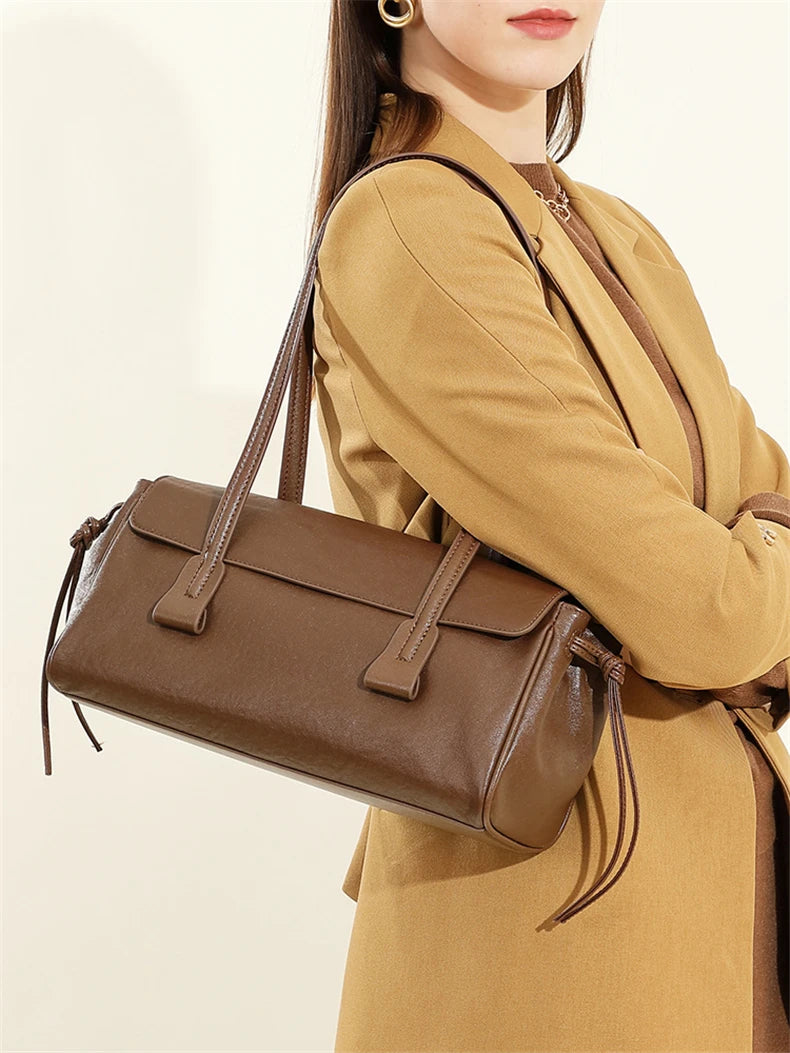 2025 New Genuine Leather Women's Shoulder Bag Large Capacity Cowhide Luxury Handbag Long Strip Black Baguette Bag Female