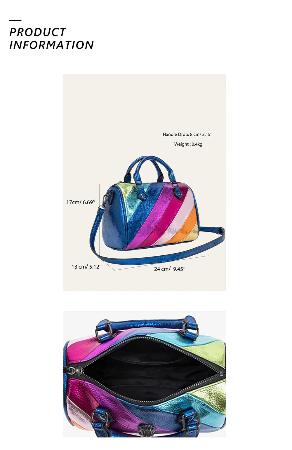 CEZIRA Luxury Metallic PU Vegan Leather Boston Bag Women Fashion Colorful Stripes Patchwork Top-handle Purse Crossbody Handbags