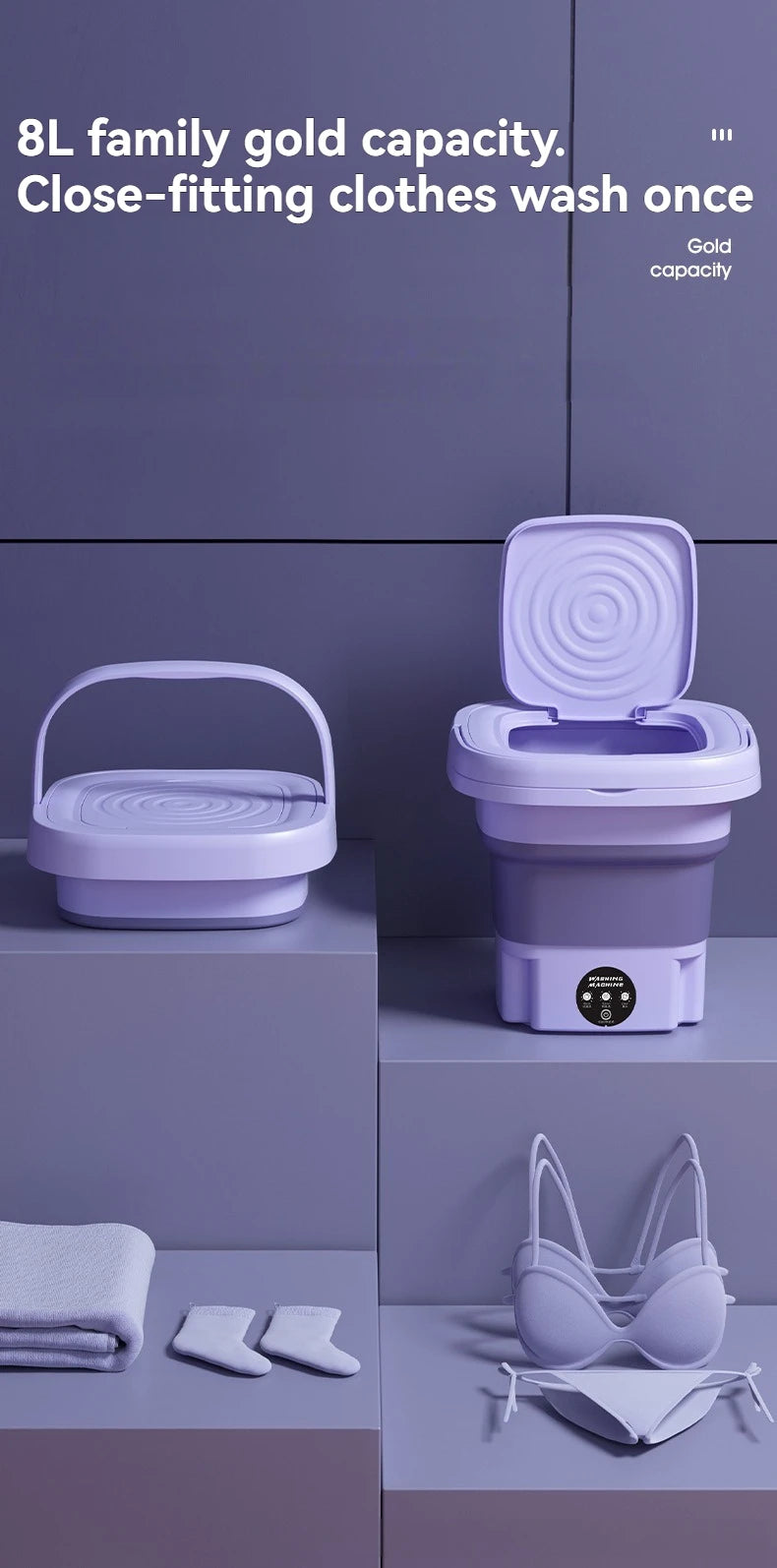 8L Portable Folding Washing Machine - Compact Bucket for Clothes, Socks & Underwear Cleaning, Ideal for Travel & Home Use