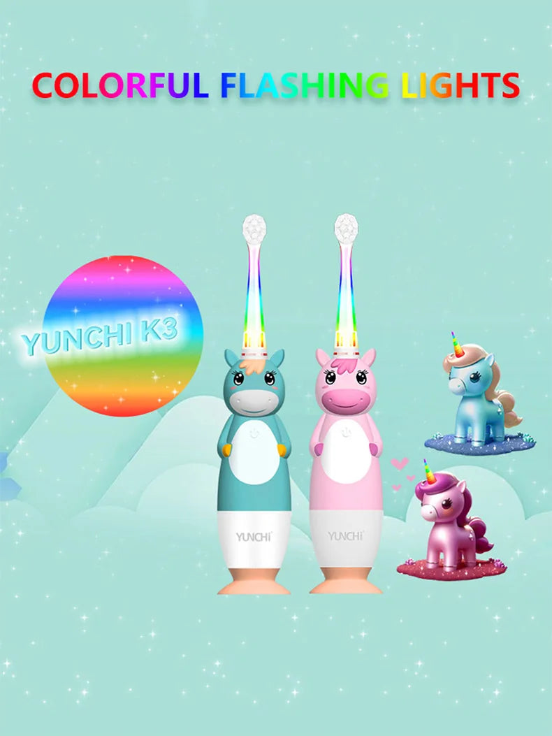 Toddler Sonic Electric Toothbrush for Baby with Cute Unicorn Cover and Smart LED Timer Soft Microfiber Bristles 4 Brush Heads