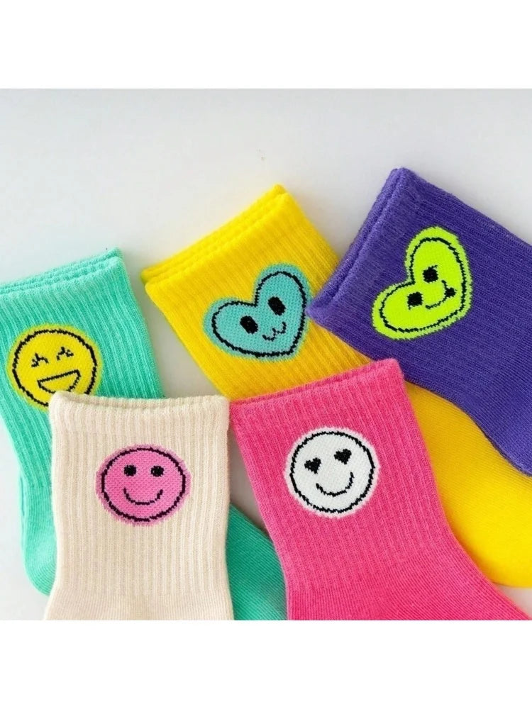 5 Pairs of Four Seasons Children's Socks New Sports Smiling Face Expression Boys and Girls Mid-calf High Socks