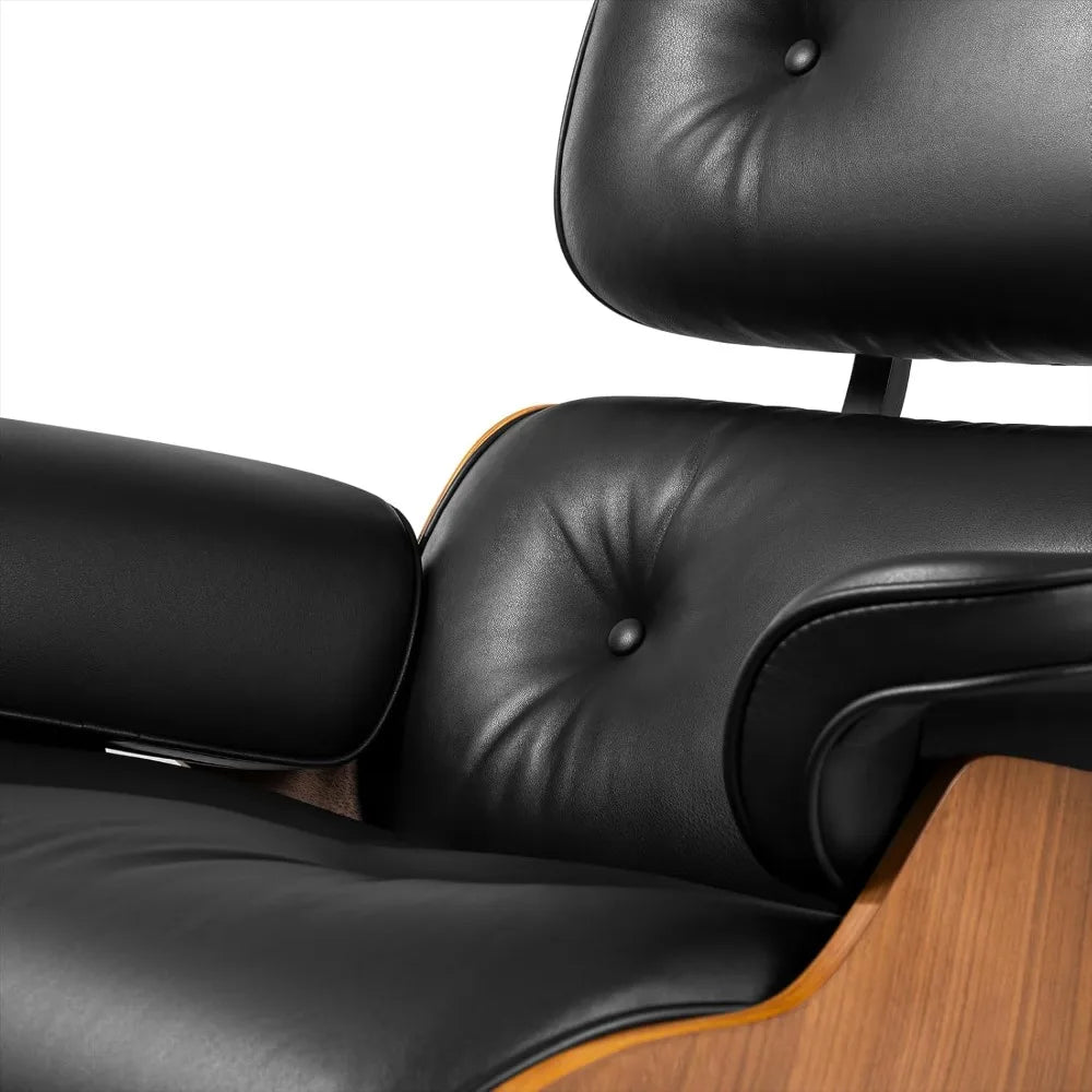 Chaise Lounge Chair with Ottoman Genuine Leather High-Resilience Foam Cushions Mid Century Modern Ergonomic Design