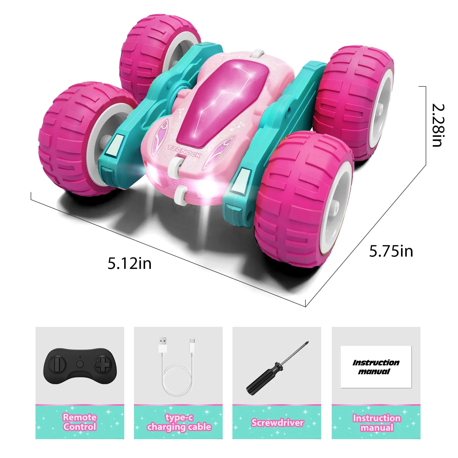 Remote Control Car with Lights, Type-C Fast Charging, 2.4GHz Double Sided Flips RC Cars, 360° Rotates RC Stunt Car Toys for Kids