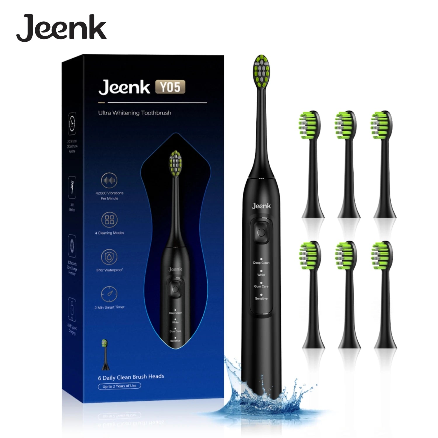 Jeenk JK-Y05 Sonic Electric Toothbrush 4 Modes USB Charger with 6 Replacement Heads Smart Timer Waterproof Soft Bristles Adult