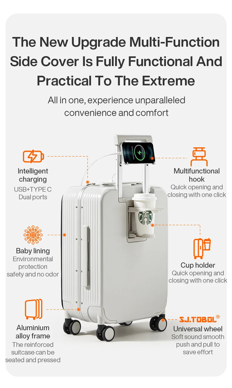 Mixi NEW Aluminum Frame Suitcase Carry On Rolling Luggage with USB Port Boarding Cabin Cup and Phone Holder 20 24 Inch