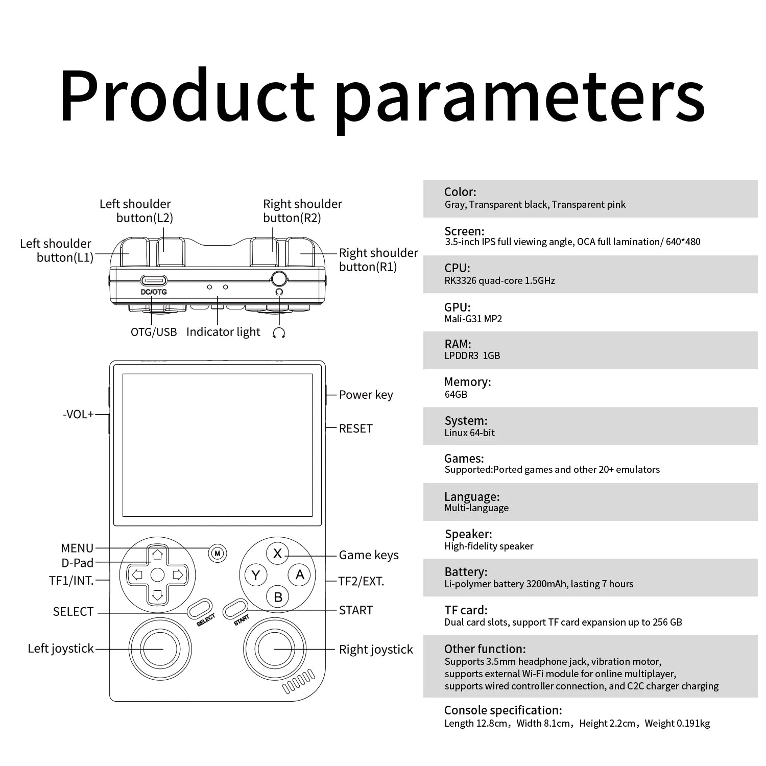 BATLEXP G350 Retro Handheld Game Console Linux 64-bit System 3.5" IPS Screen RK3326 Portable Pocket Video Player 64GB 4000 Games
