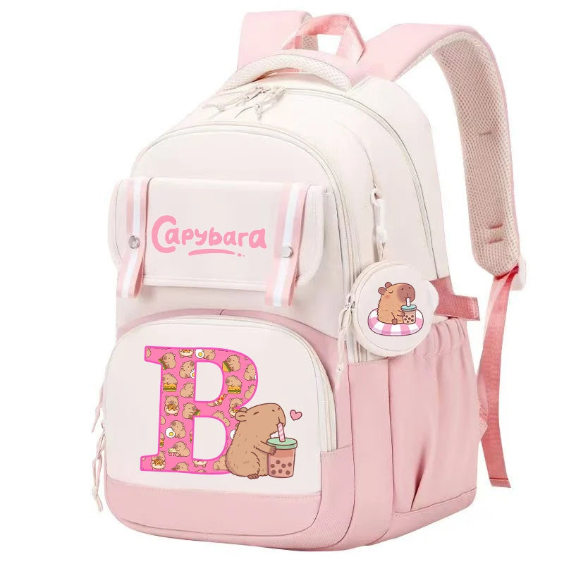 Capibara Cute Backpack Girl Anime Capybara Letter A-Z School Bags Kids Outdoor Sport Shoulders Bag Travel Rucksack Children Gift
