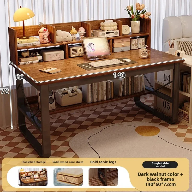 Solid Wood Computer Desk Household Desk Bookshelf Integrated Student Learning Desk Rental House Simple Office Table and Chair