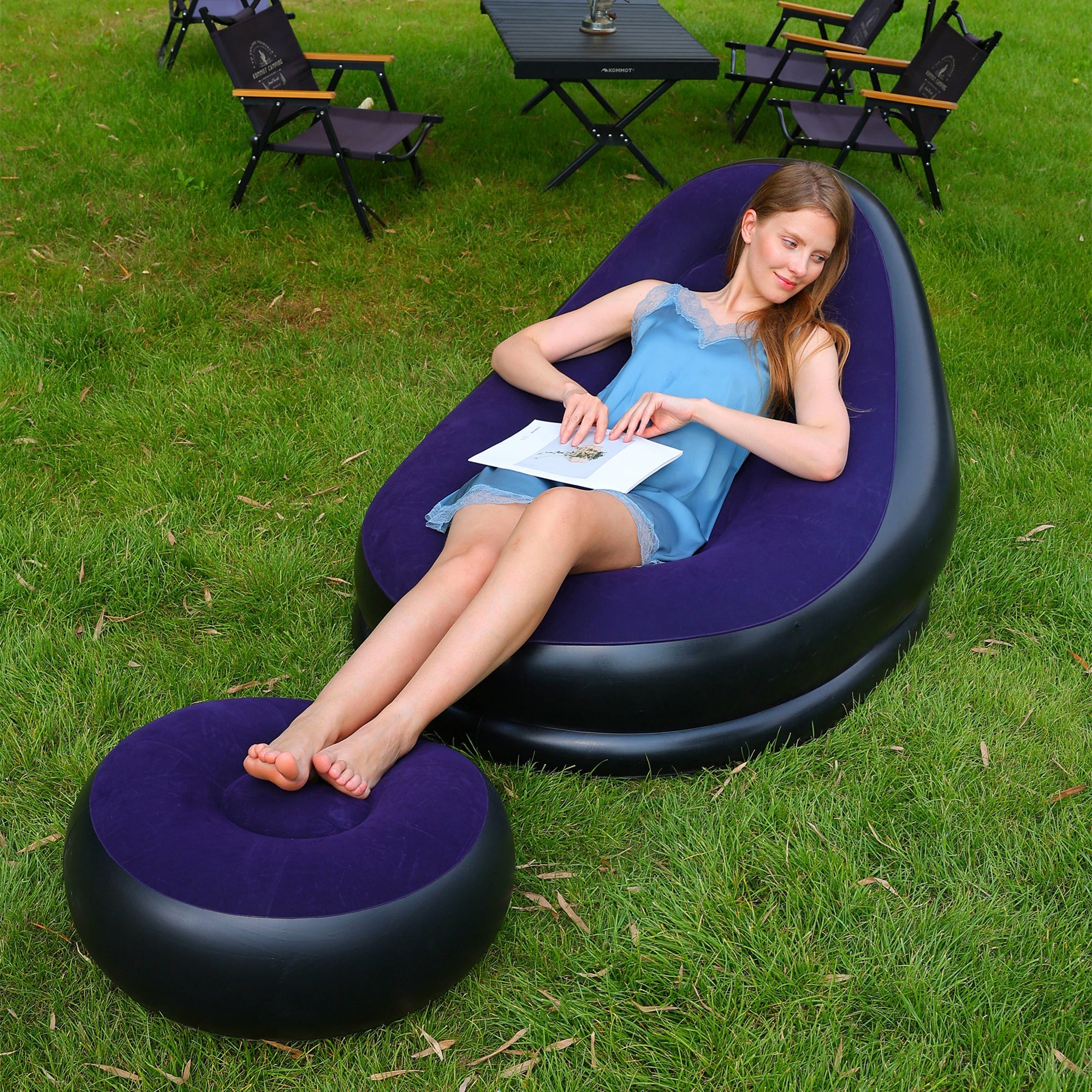 Lazy Couch Sofas Inflatable Chair Foldable Recliner Outdoor Sofa Bed Footstool Portable Folding Air Bed Lunch Lounge Chair Set