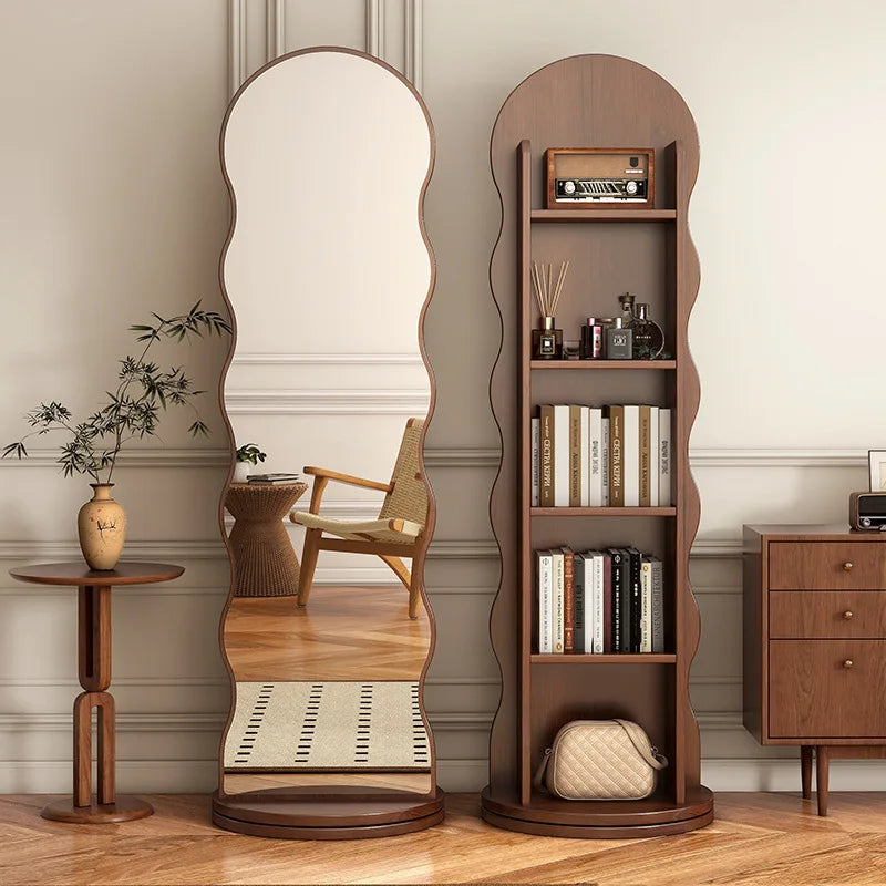 Wave rotating full-length mirror Vertical movable full-body floor mirror Magazine bookshelf Rotating storage fitting mirror