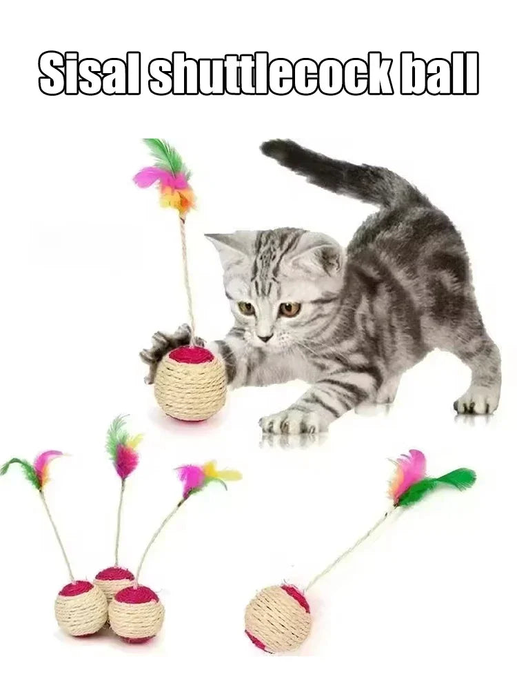 1PC Pet Cat Toy Colorful Feather Blanket Ball Grinding Claw Interactive Play Ball Cat Toy Sisal Shuttlecock Ball