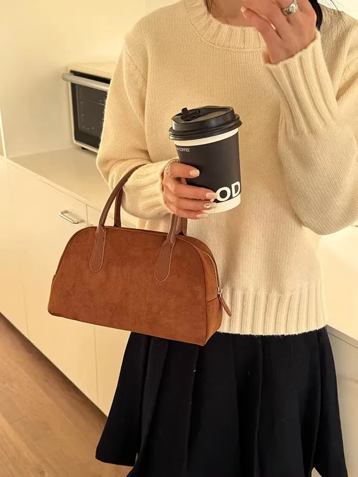Brown Vintage Suede Tote Bag High Quality Designer Luxury Boston Handbag 2025 Winter New in Women's Bags Korean Hand Bag Ladies