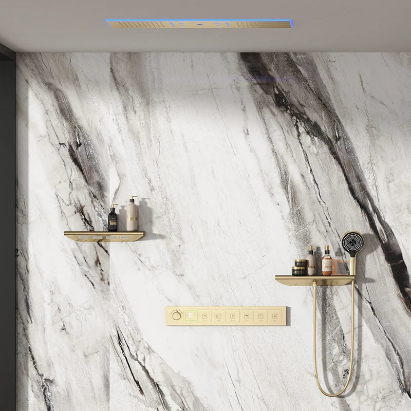 Luxury Ceiling Shower System Set Concealed Thermostatic Brass Digital Display Hydro Generator Rainfall  with Light and Bluetooth