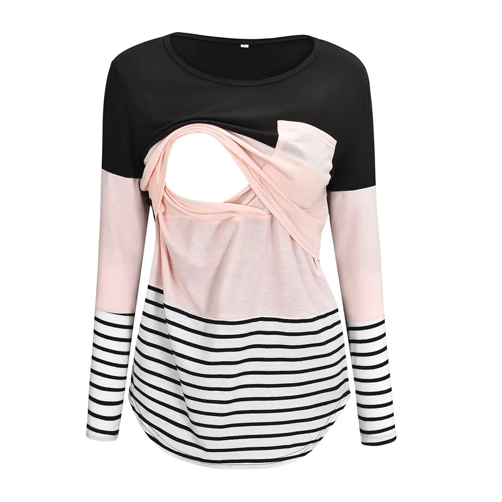 Fashion Pregnant Women Stiching Color Breastfeeding Nursing T Shirts Casual Loose Long Sleeve Tee Tops For Maternity