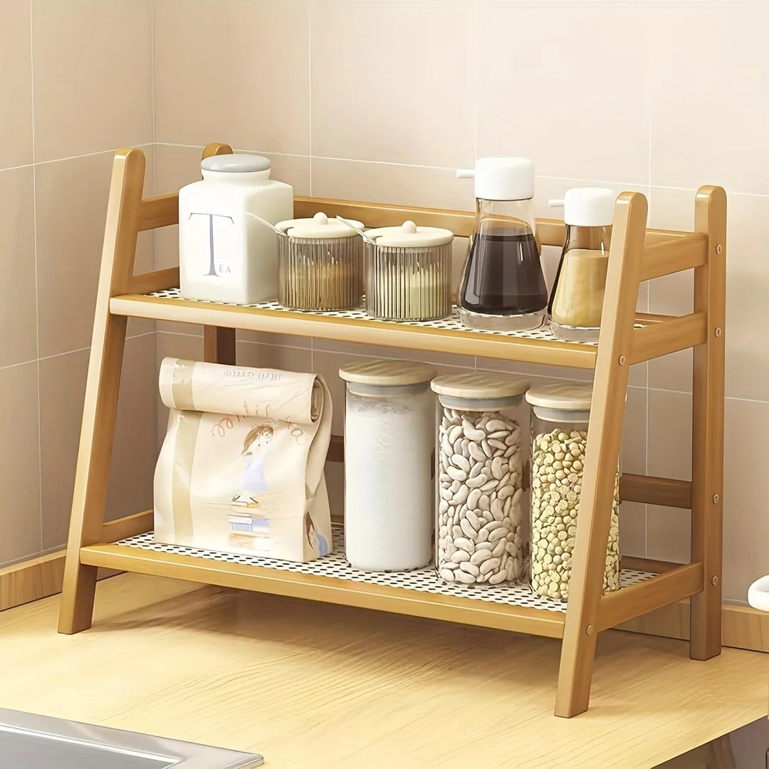 2-Tier Bamboo Shelf, Bohemian Wood Finish. Perfect for Mugs, Plants, Cosmetics & More. Save Space, Stylish Storage!