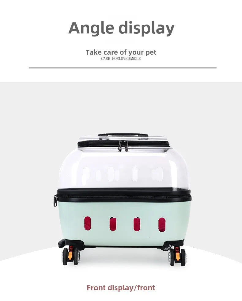 Fashion Transparent Cat Cage Large Capacity Pet Suitcase Breathable Cat Carriers Pull Rod/Handheld Dual Use Cat Transport Cart