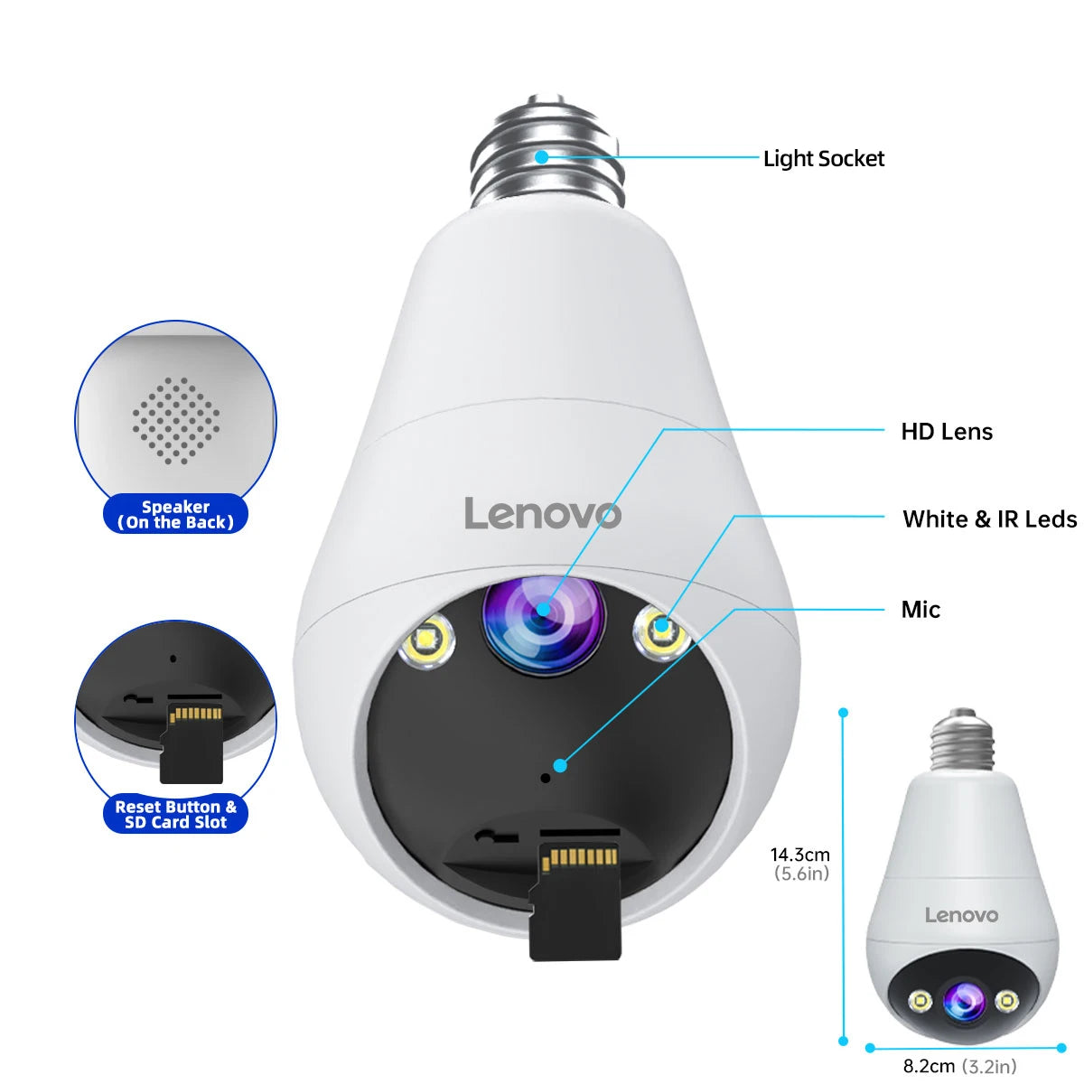 Lenovo 3MP E27 Bulb IP WiFi Camera Indoor Video Surveillance Camera Color Night AI Tracking Smart Home Baby Monitor CCTV Camera