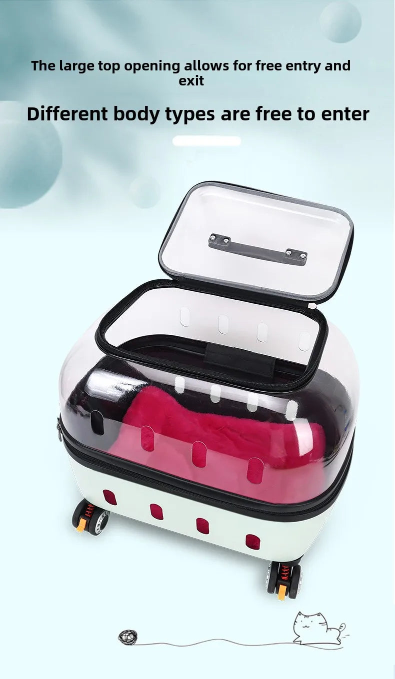 Fashion Transparent Cat Cage Large Capacity Pet Suitcase Breathable Cat Carriers Pull Rod/Handheld Dual Use Cat Transport Cart