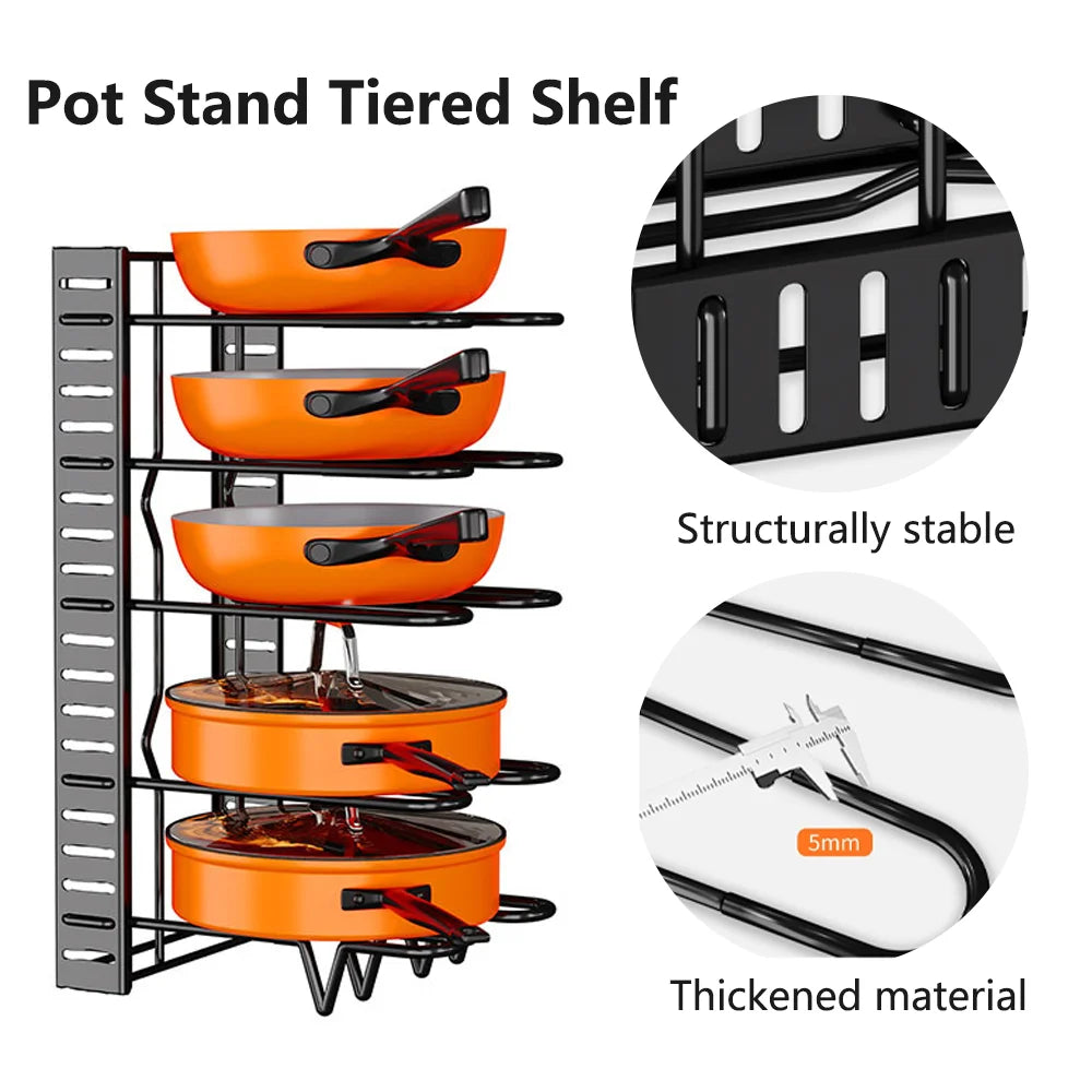 5/8-Tier Adjustable Pot Rack Organizer - Vertical Space-Saving Countertop Storage for Pans Multi-functional Kitchen Shelf