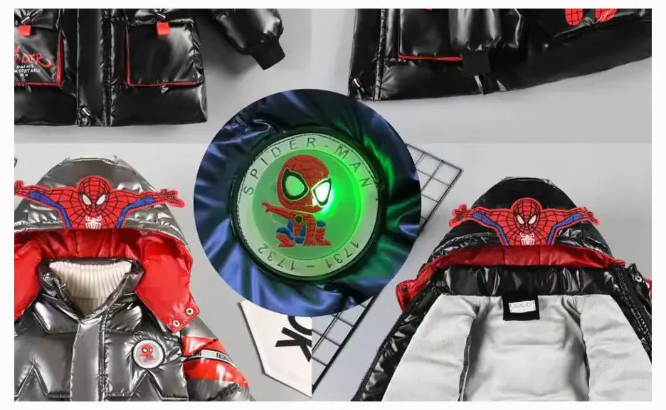 2025 Winter Kids Down Jacket Baby Boy Cartoon Spiderman Thicken Cotton-Padded Warm Hooded Parka Coat Children Clothing Outerwear