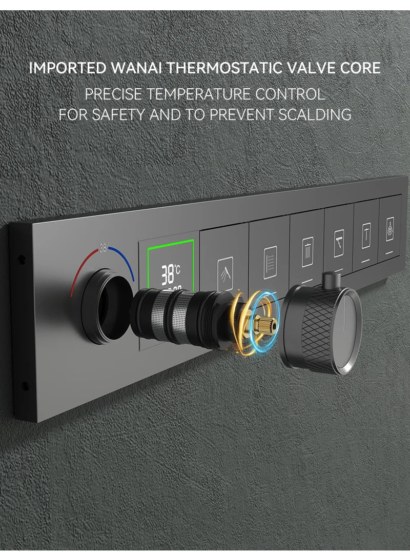 Luxury Ceiling Shower System Set Concealed Thermostatic Brass Digital Display Hydro Generator Rainfall  with Light and Bluetooth