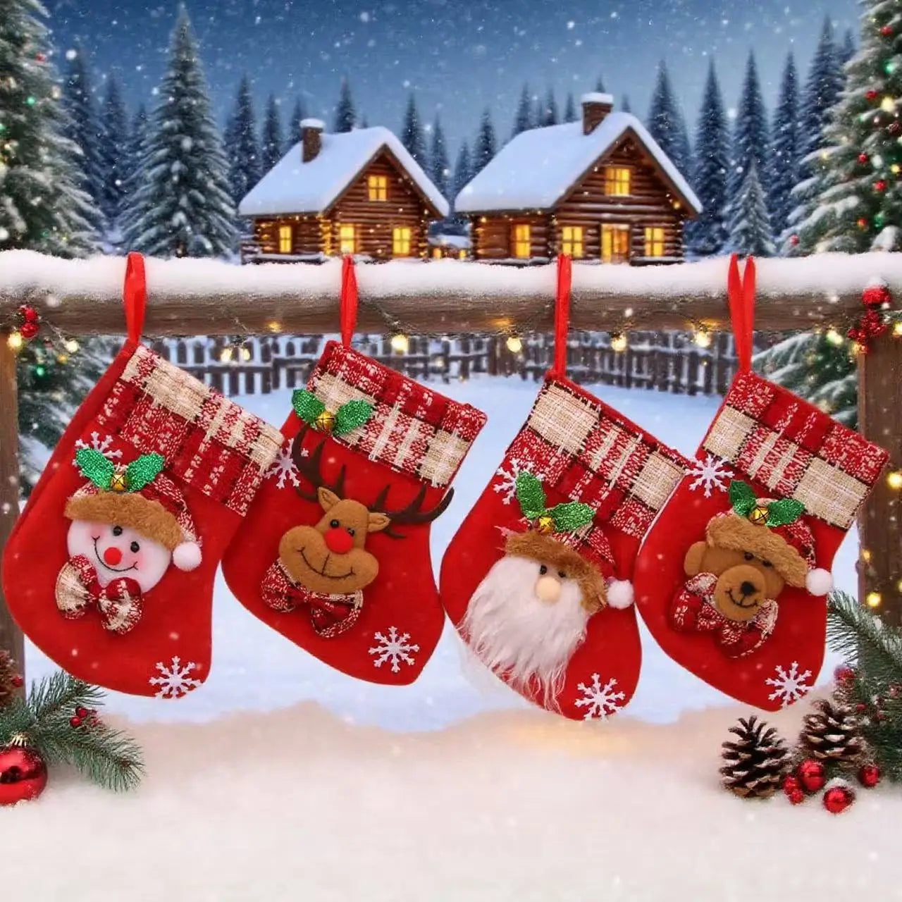 4PCS Red Christmas Stocking Brown Plaid Sock Mouth Santa Claus Snowman Reindeer Bear Doll Christmas Stocking New Year Home Decor