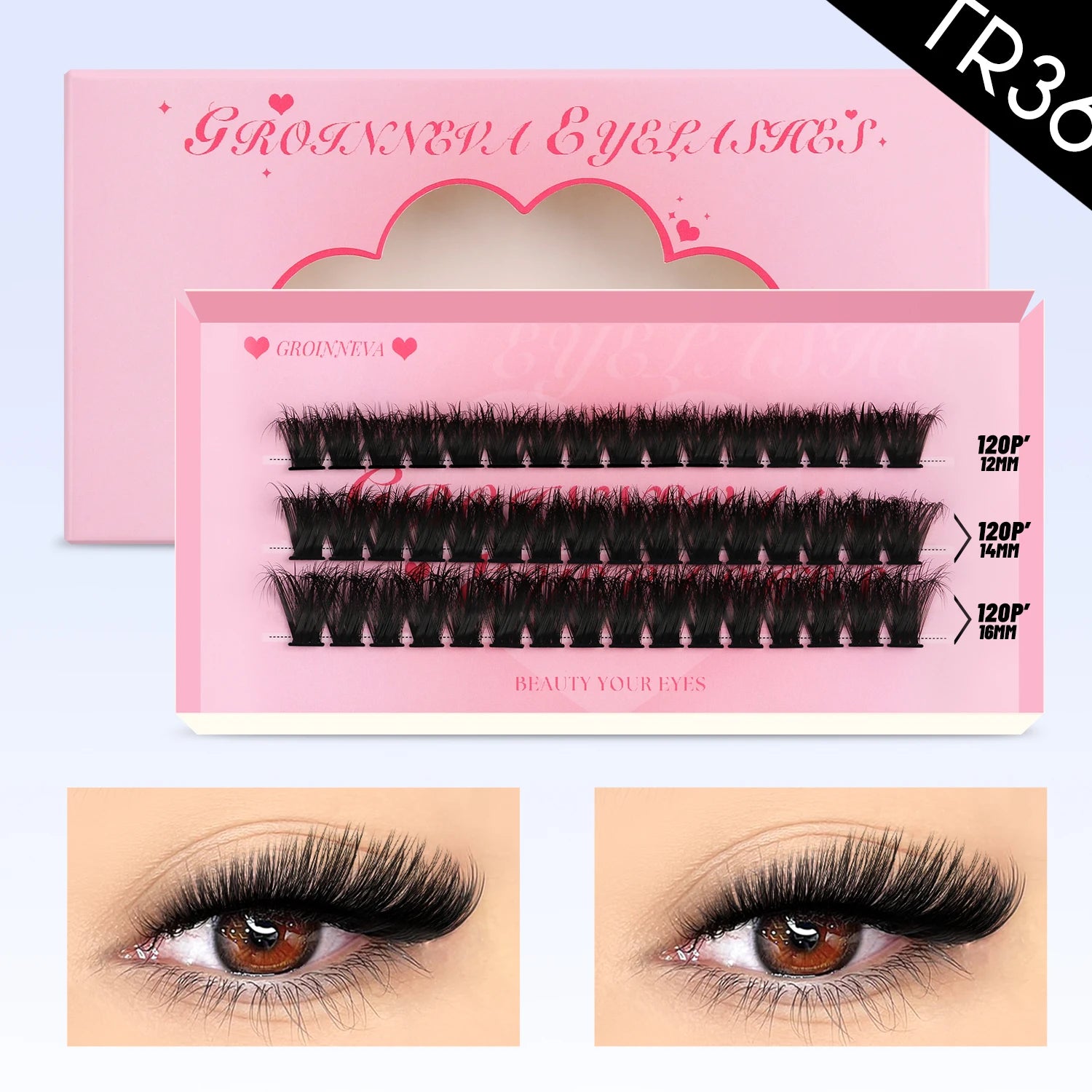 GROINNEYA Cluster Lashes DIY Eyelash Extension C Curl Long Individual Lashes Mixed Tray Faux Mink Lash Clusters Extensions