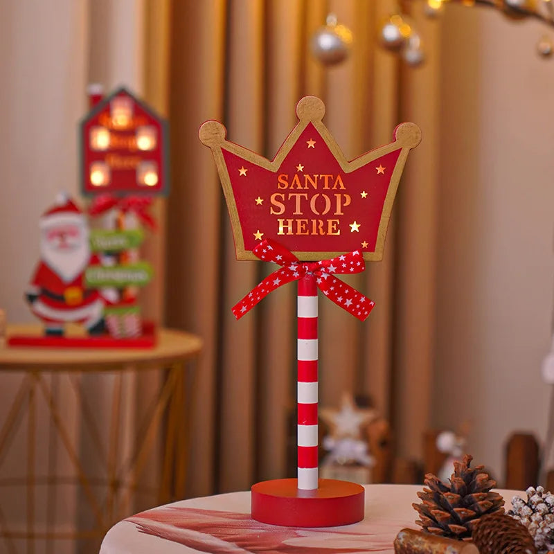 Christmas Retro Lamp LED Light Santa Stop Here Street Sign Xmas Wooden Desktop Home Decoration Navidad 2025 New Year Kids Gift