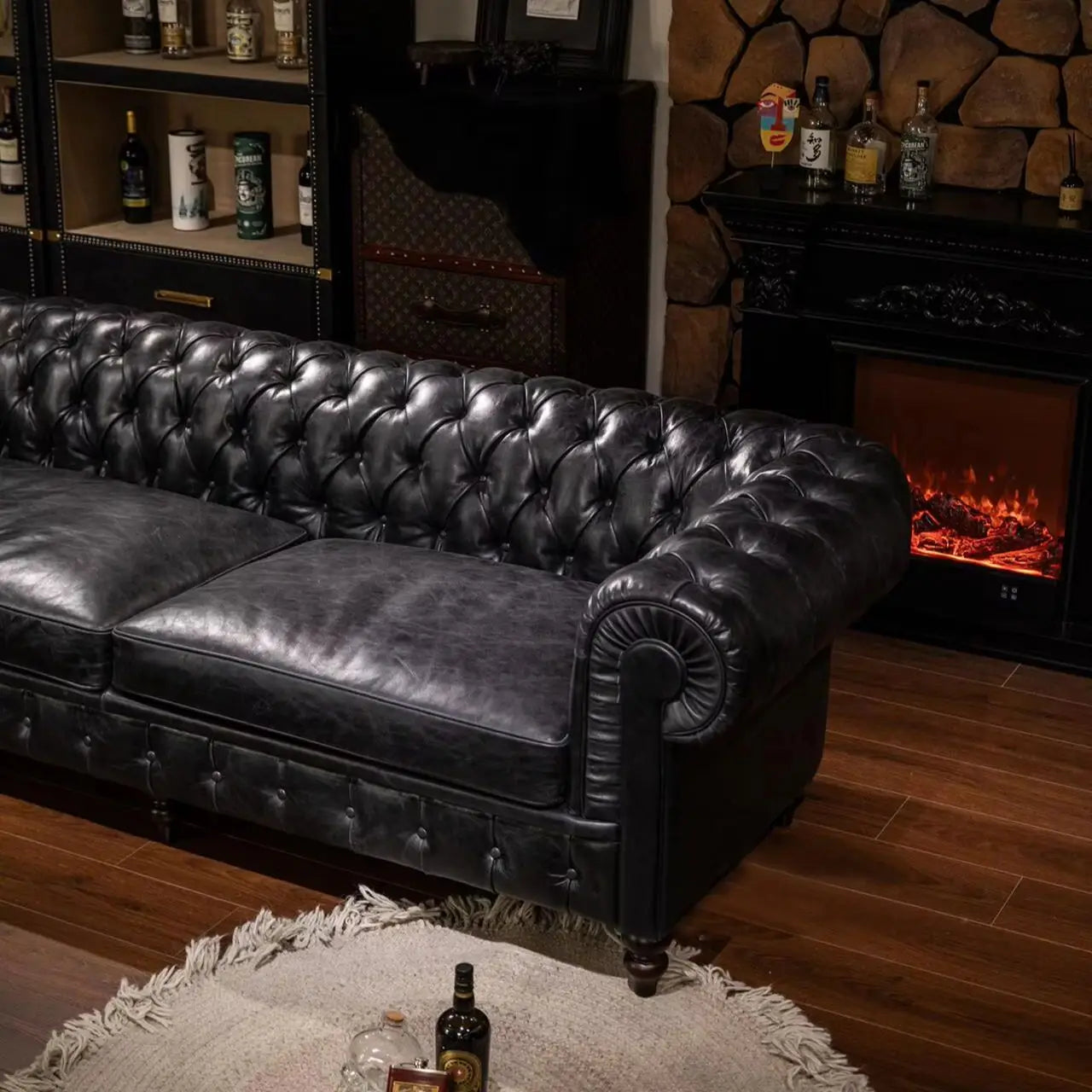 American classic tufted sofa, vintage cigar bar whiskey straight row sofa, oil wax leather café sofa
