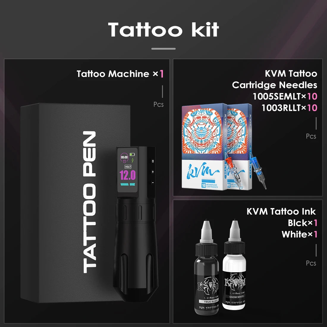 KVM Wireless Tattoo Pen Kit Tattoo Gun Kit Dual Mode Direct Drive IPS Screen Timer Function Battery 1800mAh Tattoo Machine Kit