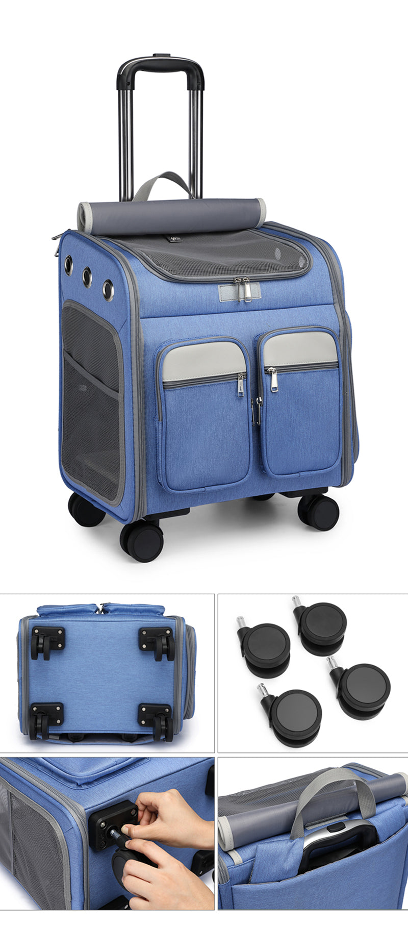 2 In 1 Large Pet Backpack Cat Stroller Pet Carrier with Wheels Portable Foldable Tie-Rod Pet Bag Cat and Dog Travel Carrier Bag