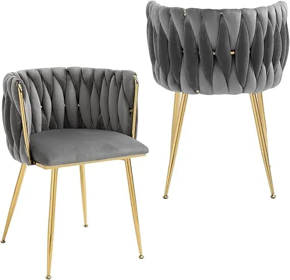 Velvet Dining Chairs Set of 2, Woven Upholstered Dining Chairs with Gold Metal Legs, Modern Accent Chairs for Living Room,
