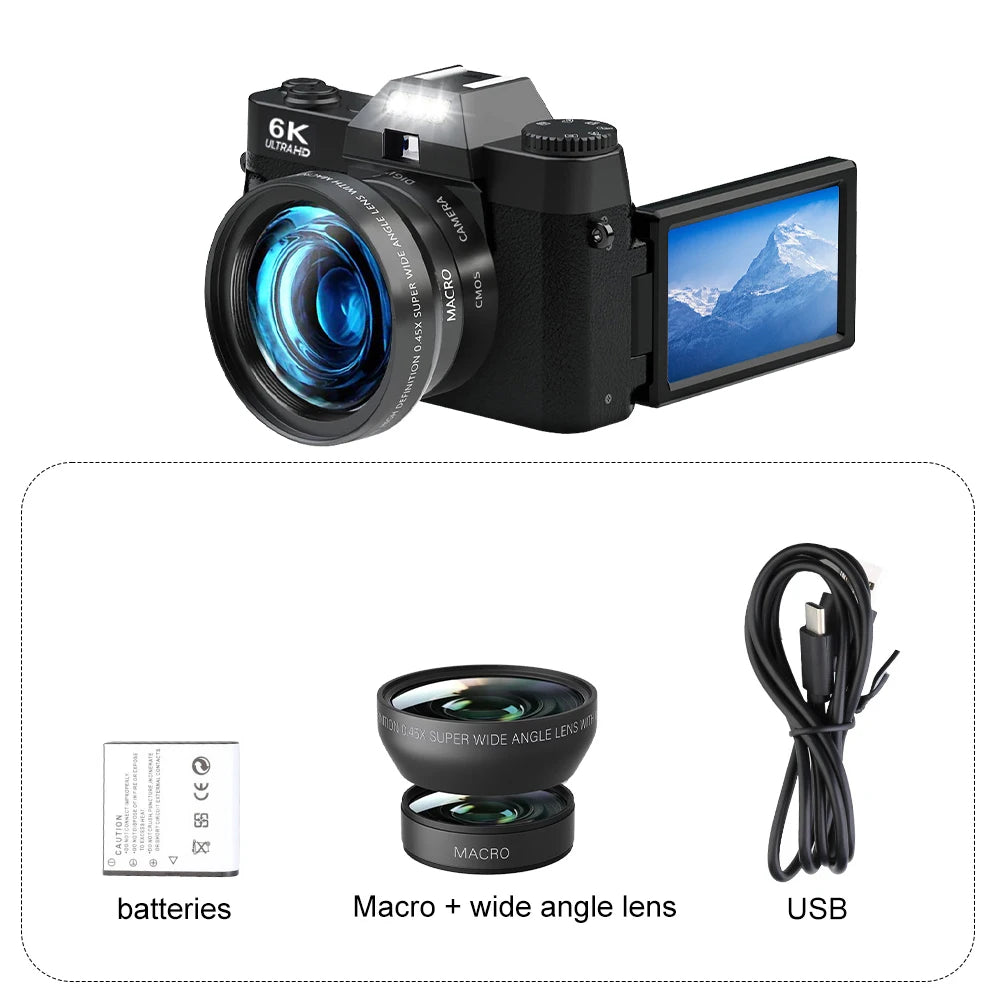 6K Digital Photography Camera 16X Digital Zoom 64MP Vintage Vlog Video Recorder YouTube 180° Flip Screen WiFi Web Cam With Flash