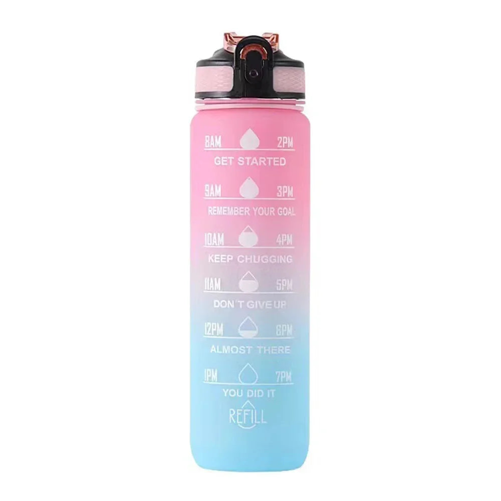 1L Gradient Color Motivational Sports Water Bottle with Time Marker Water Bottle with Straw for Office Exercise Gym Outdoor