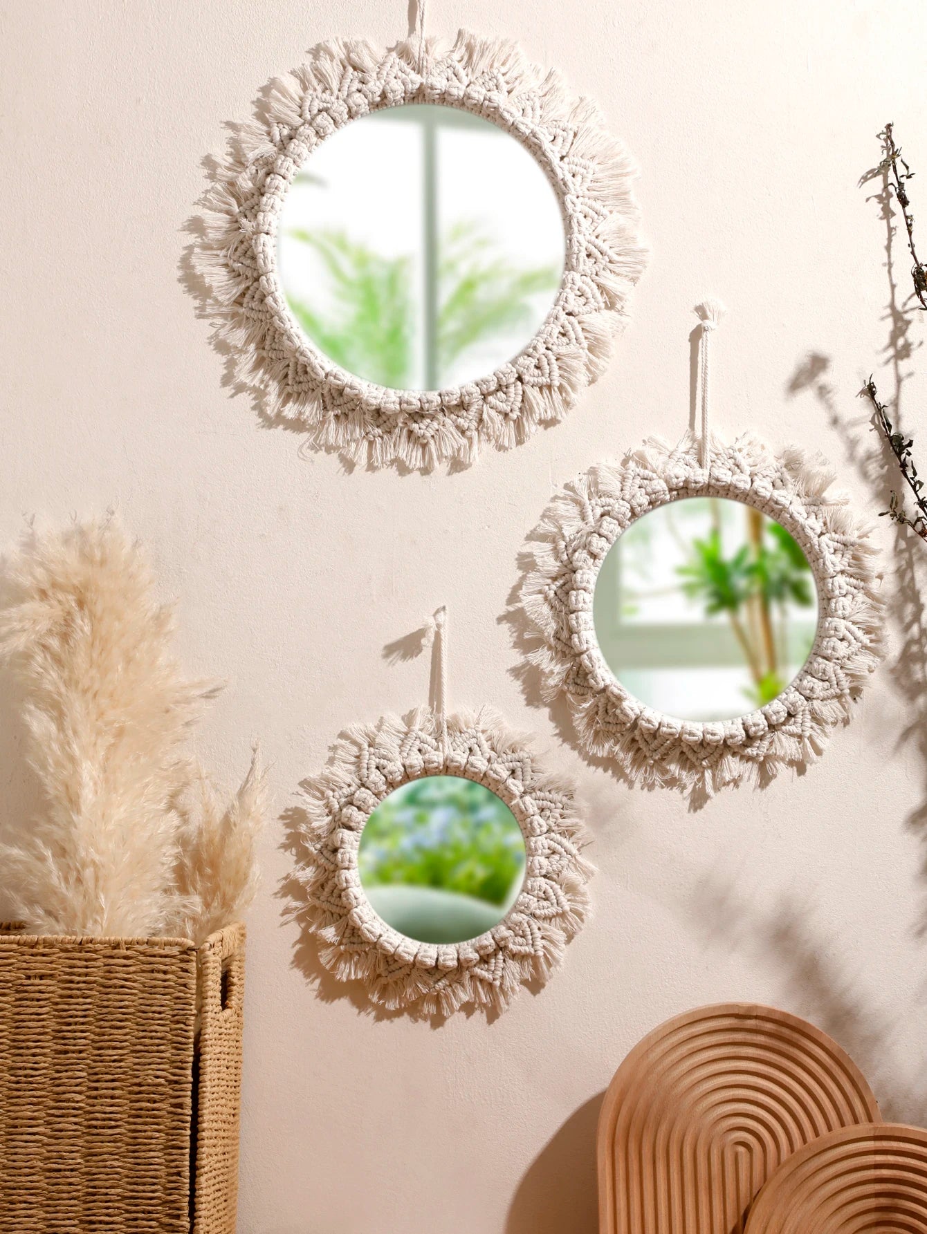 Boho Hand Woven Macrame Decorative Mirrors Wall Hanging Home Decoration Nordic Bedroom Living Room Wall Tapestry Crafts Decor