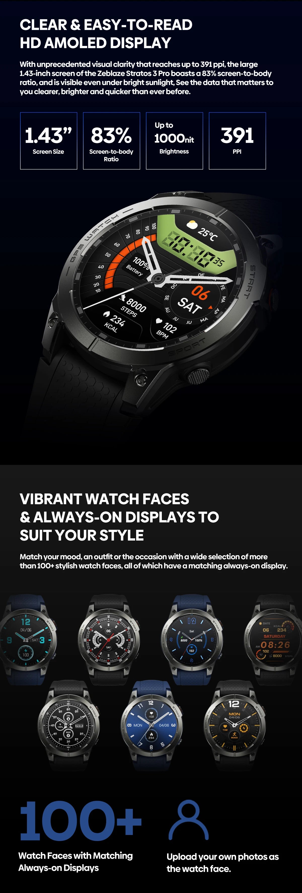 New Zeblaze Stratos 3 PRO GPS Smart Watch 1.43” HD AMOLED Display Built-in GPS Bluetooth Phone Calls Sports Smartwatch for Men