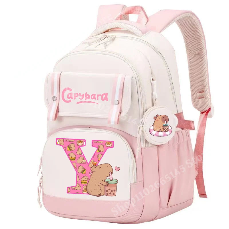 Capibara Cute Backpack Girl Anime Capybara Letter A-Z School Bags Kids Outdoor Sport Shoulders Bag Travel Rucksack Children Gift