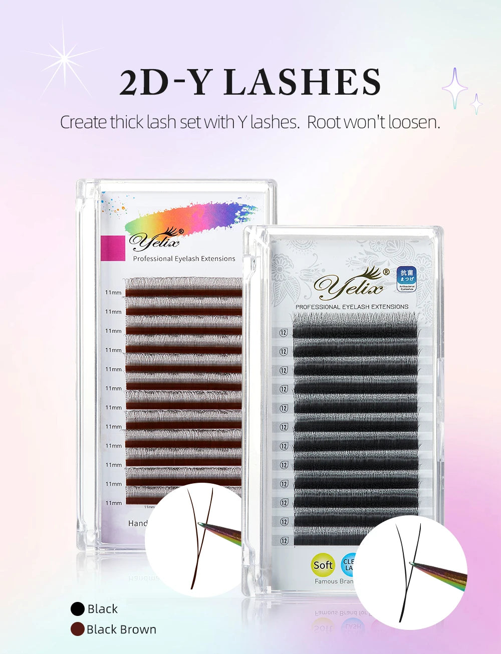 Yelix New 2D Volume Lashes Dark Brown Ultra-thin Y Lash Extension Lightweight Premade Fans Eyelash Extensions Single Tip 2D Y