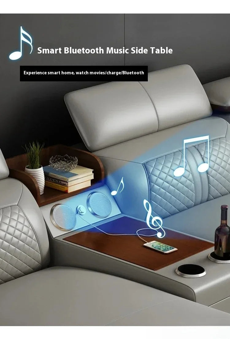 Stylish Italian Genuine Leather Sofa for Living Room with Cup Holder, USB, Adjustable Headrests & Bluetooth Speaker - Lazy Sofa