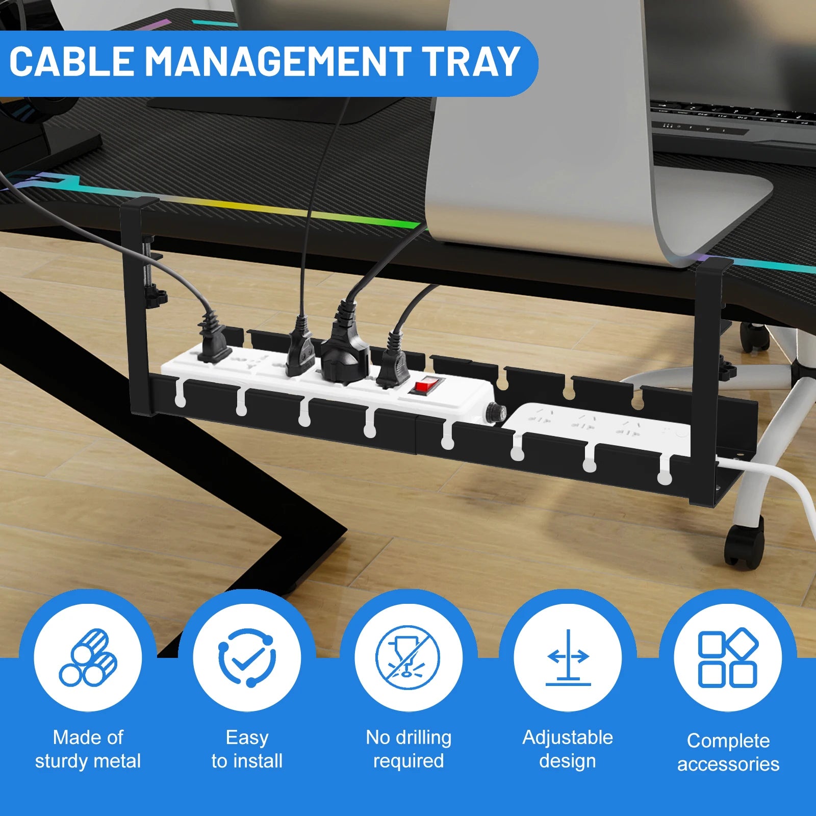 Extendable Under Desk Cable Management No Drilling Metal Cable Tray Space Saving Multipurpose Household Hanging Organizer Shelf