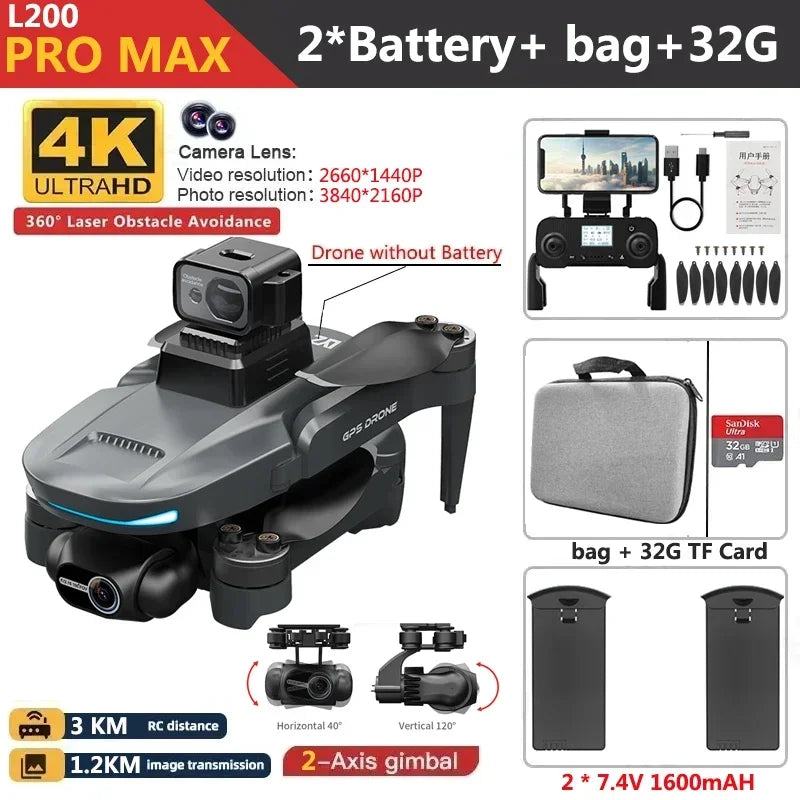 L200 PRO MAX Drone 4K 2-Axis PTZ HD Dual Camera 360° Laser Obstacle Avoidance Brushless Motor GPS 5G WIFI RC FPV Quadcopter Toys