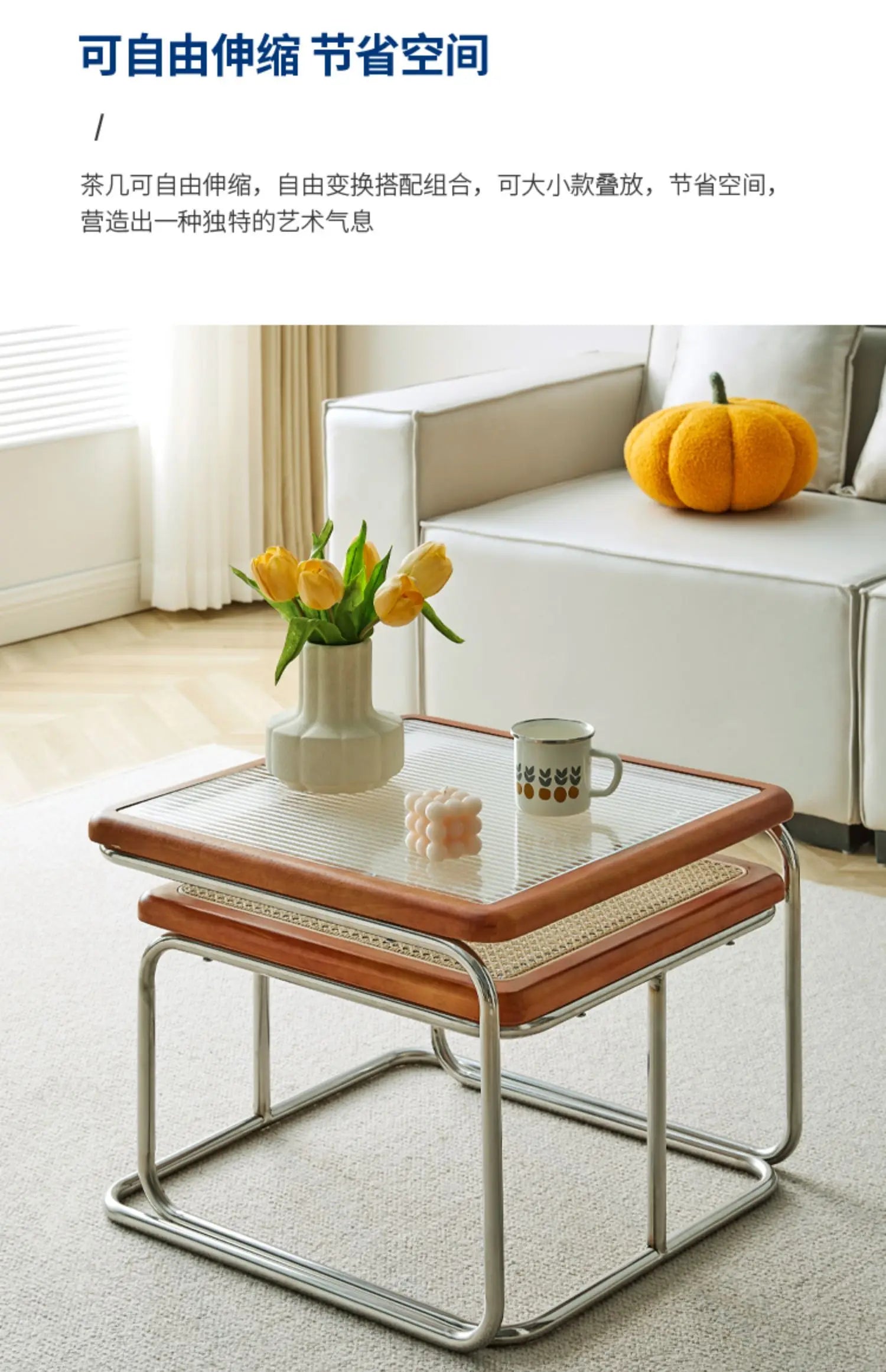 Retro Medieval Style Rattan Coffee Table Glass Side Tables Living Room Corner Coffee Desks Combination Desk Simple Design